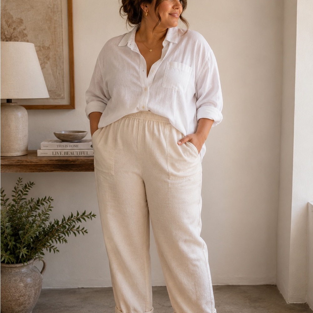 Old Navy Cream Wide-Leg Linen-Blend Pants